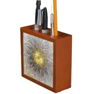 Porta-lápis Floreio Com Dourada Flor Fractal Abstrato Moderna