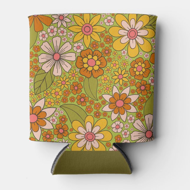 Porta-lata 1960, 1970 Retro Floral Verde e Laranja (Frente)