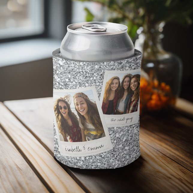 Porta-lata 2 Fotos - Colagem de Fotos em Quadrado de Glitter  (Personalized can cooler with 2 photos and custom text)