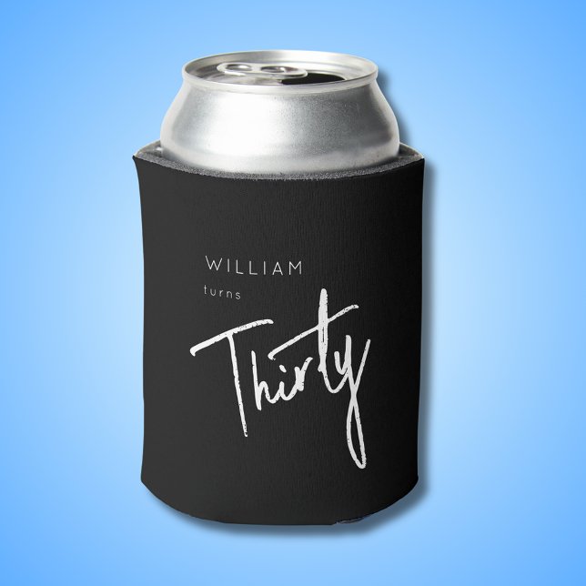 Porta-lata 30 moderno Trinta e Trinta e Trinta Homens Negros (Black 30th can cooler with white script text. Perfect for men's thirtieth birthday party celebration)