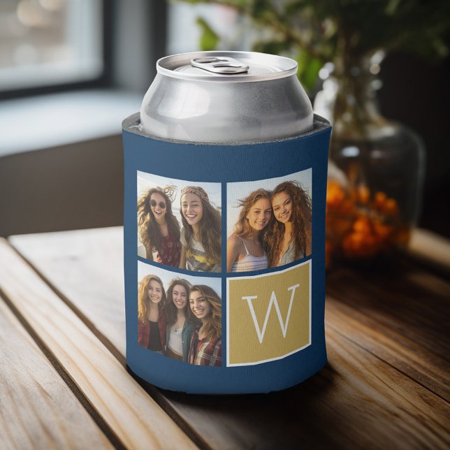Porta-lata 3 Fotos - Monograma Personalizado de Colagem de Fo (Fun personalized 3 photo can cooler with a place to add a custom monogram)