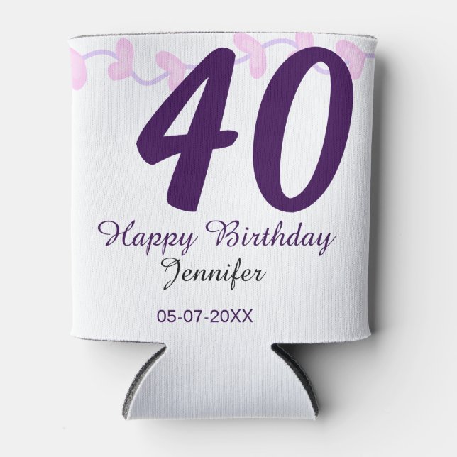 Porta-lata 40th birthday add name date year purple floral pin (Frente)