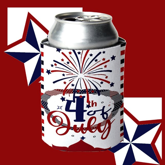 Porta-lata 4 De Julho De Caligrafia Firecracker Stars & Strip (4th Of July Calligraphy Firecracker Stars & Stripe Can Cooler)