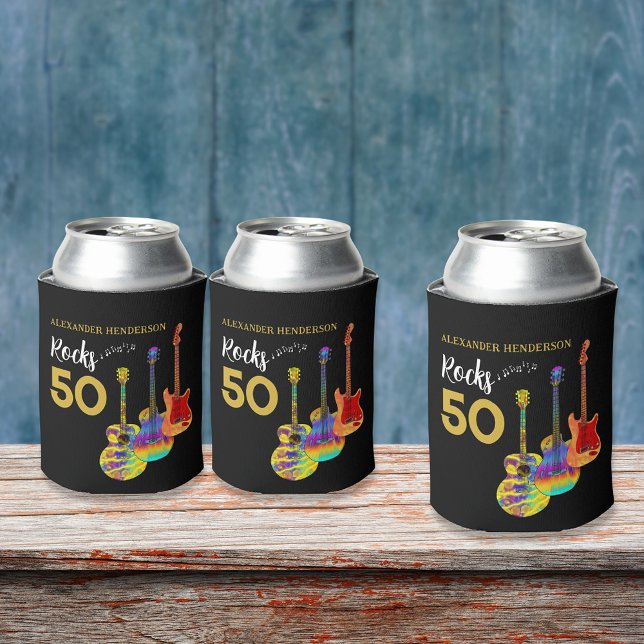 Porta-lata 50ª Festa de aniversário 50 Rochas Personalizadas (Rock and roll 50th birthday party for him funky guitar gold and black personalized can cooler)