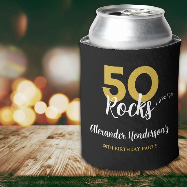 Porta-lata 50ª festa de aniversário 50 Rochas personalizadas (50 Rocks black and gold rock and roll typography musical notes custom 50th birthday party can cooler)
