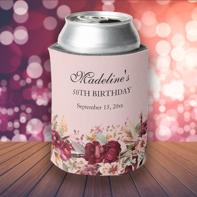 Porta-lata 50º Aniversário da Mulher Floral Rosa-Borgonha (Pink and burgundy floral women's birthday party custom can Koozie)