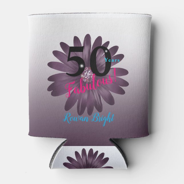 Porta-lata 50 e fabulosa margarida roxa, com brilho (Frente)