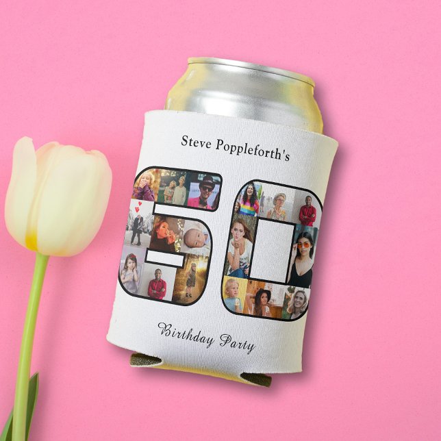 Porta-lata 60º aniversário 60 Colagem de Fotos Branca (60th birthday white can cooler with 60 photo collage template.)