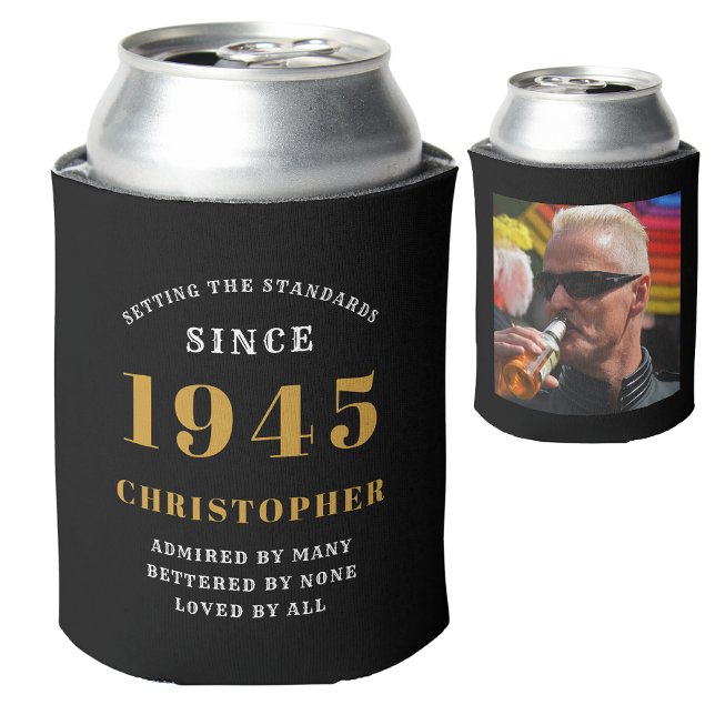 Porta-lata 80 Aniversário preto Dourado com nome e foto (80th birthday personalized can cooler with name and photo)