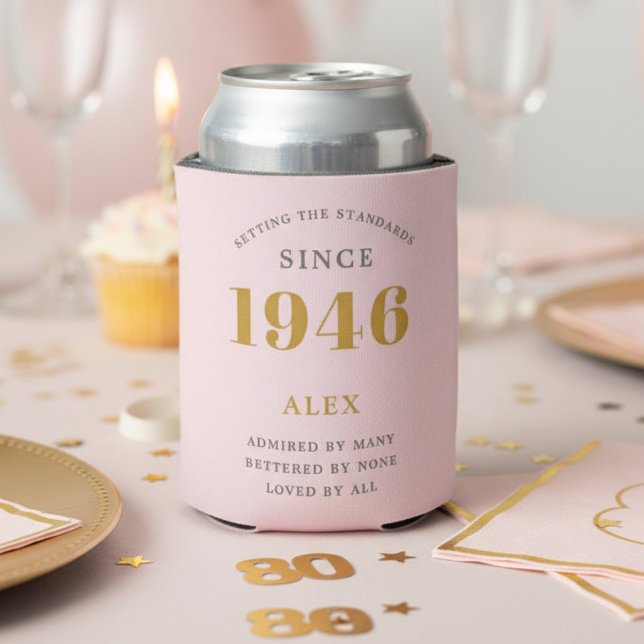 Porta-lata 80th Birthday 1946 Keepsake Elegant Personalized (1946 pink can cooler on a party table.)