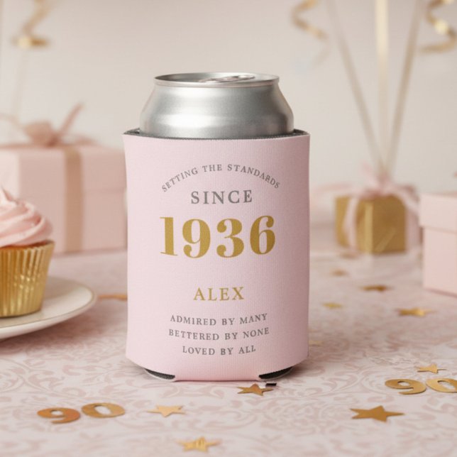 Porta-lata 90th Birthday 1936 Keepsake Elegant Personalized (1936 pink can cooler on a light pink background)