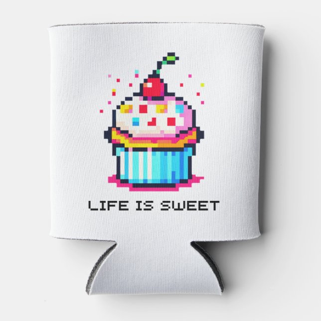 Porta-lata A vida é doce - Design de Cupcake de Pixel (Frente)