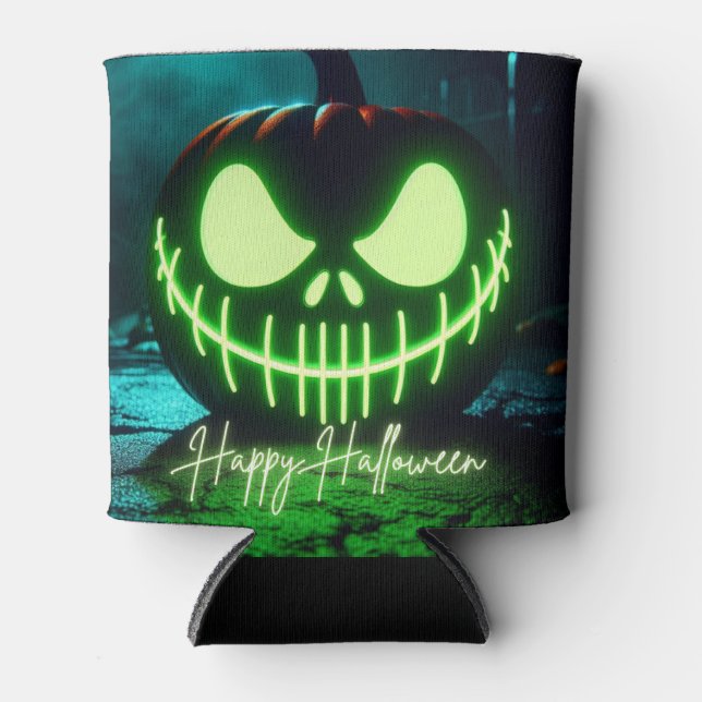 Porta-lata Abóbora de Halloween verde-assustadora (Frente)