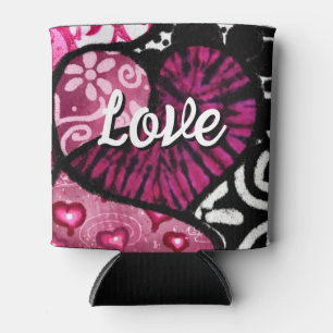 Porta-lata Abstrato Love Heart Pink Floral Bolinhas Pretas