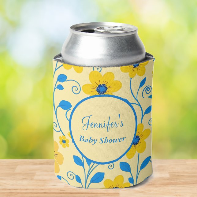 Porta-lata Amarelo e Azul-Manteiga do chá de fraldas (Baby Shower-Butter Yellow and Blue Floral Can Cooler )