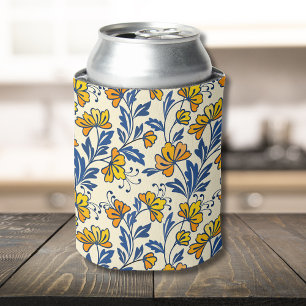 Porta-lata Amarelo Floral Floral Folclórico Azul Vintage