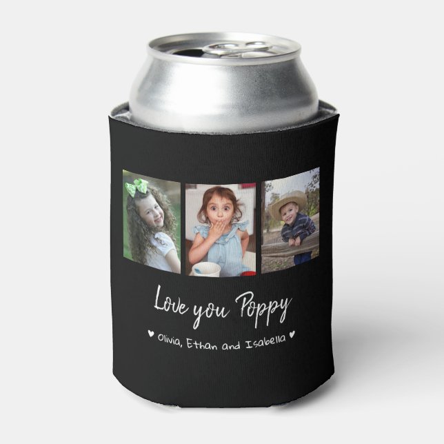 Porta-lata Amo Você Poppy 3 Foto Collage Preto Personalizado (Can Front)
