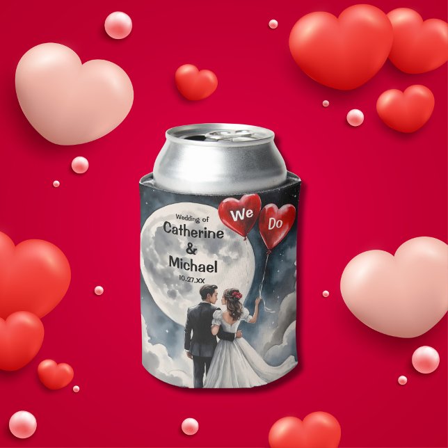 Porta-lata Amor Romântico No Casamento De Contos De Noite Na  (Front view bride groom red heart balloons celestial moon stars – On Cloud Nine Wedding Can Cooler)