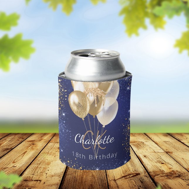 Porta-lata Aniversário Balões de ouro azuis marinho com nome  (Criador carregado)