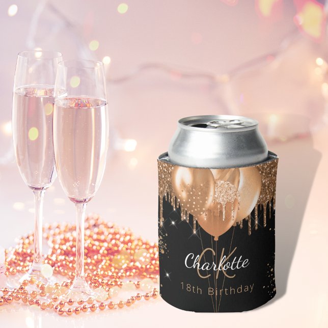 Porta-lata Aniversário Balões de ouro preto Nome monograma (Criador carregado)