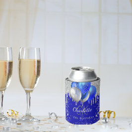 Porta-lata Aniversário Balões reais de ouro azuis, nome monog