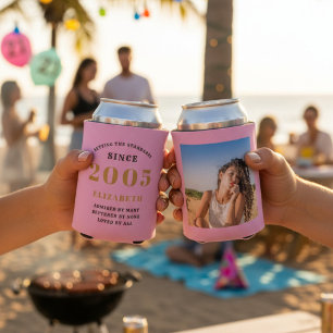 Porta-lata Aniversário de 21 anos personalizado em rosa e dou