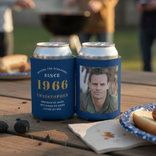 Porta-lata Aniversário de 60 anos personalizado azul dourado