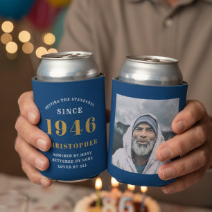 Porta-lata Aniversário de 80 anos personalizado azul dourado