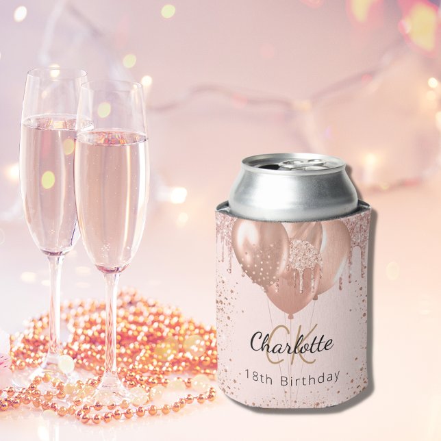Porta-lata Aniversário rosa dourado bush balões monograma nom (Criador carregado)