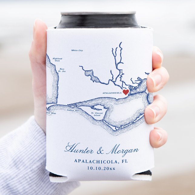 Porta-lata Apalachicola Florida Map Weding Favor (Apalachicola Wedding Favor Can Coozie with Elegant navy blue Florida map from Coastal Map Designs)