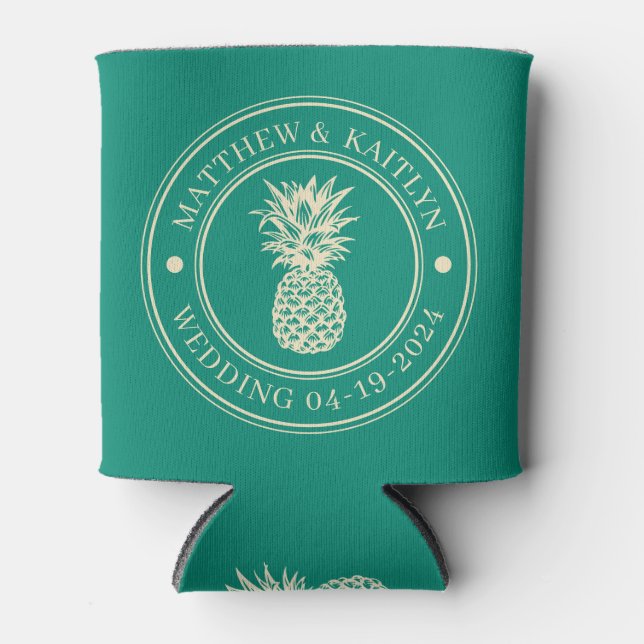 Porta-lata Aqua Beach Breeze Pineapple Wedding Crest & Names (Frente)