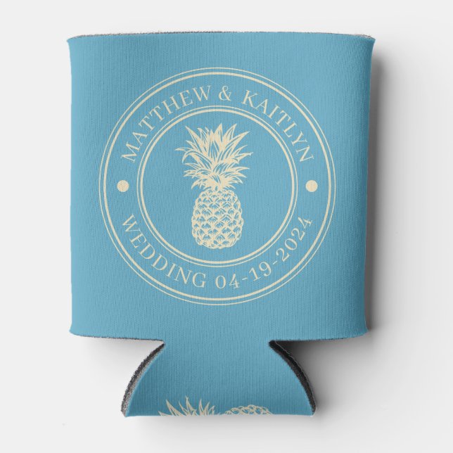 Porta-lata Aqua Sky Pineapple Wedding Crest & Names (Frente)