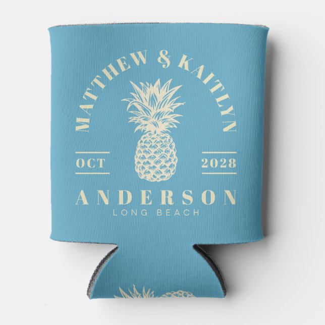 Porta-lata Aqua Sky Tropical Pineapple Wedding Crest (Frente)