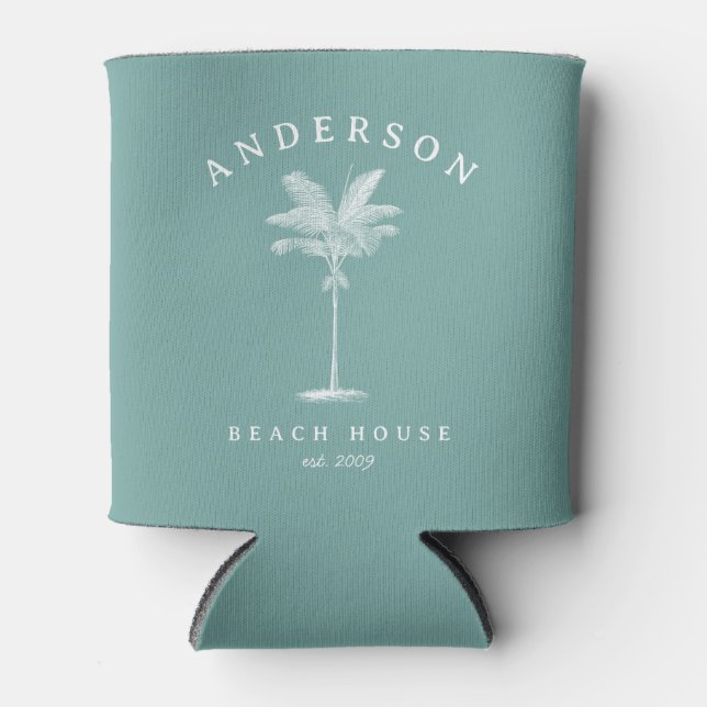 Porta-lata Aqua Teal Simple Palm Tree Beach House (Frente)