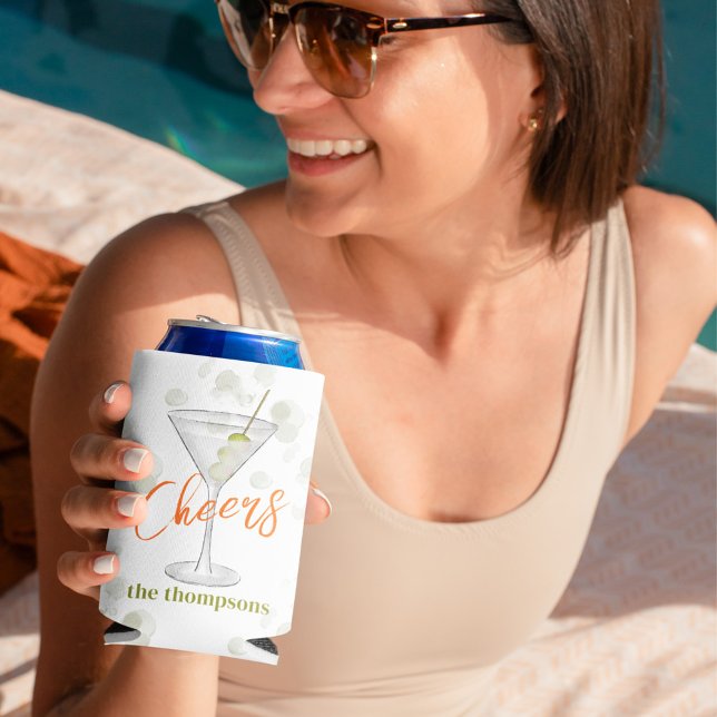 Porta-lata Aquarela Martini Cocktail Personalizado (Cheers Martini cocktail drinks can cooler. )
