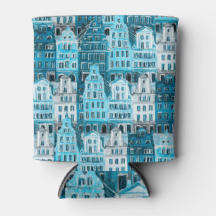 Porta-lata Arquitetura de Amsterdã, textura azul de aquarela.