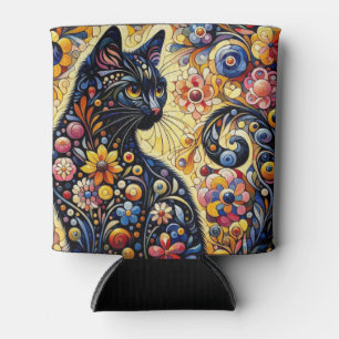 Porta-lata Arte Floral Abstrato de Gato Negro