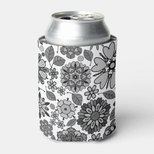 Porta-lata Arte Floral Retro Preto Cinza Branco Padrão Sem Co