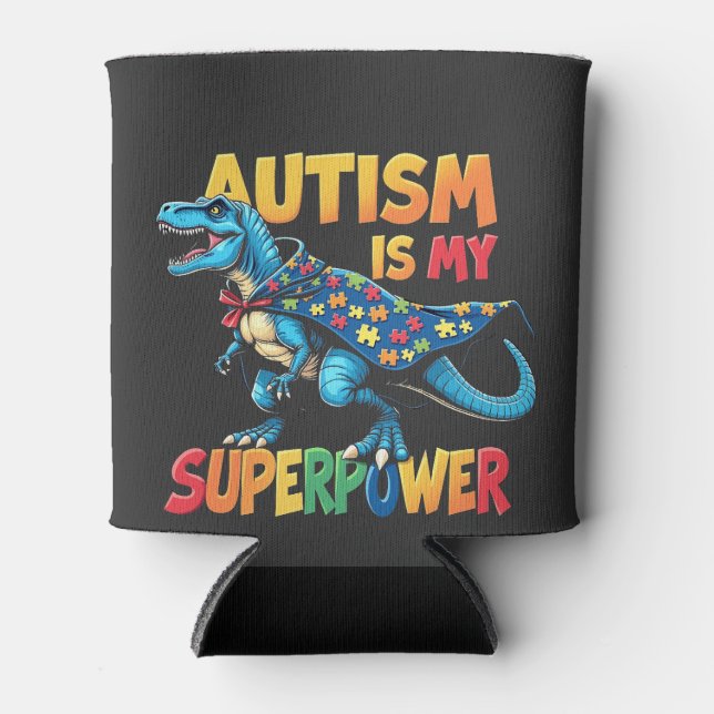 Porta-lata Autismo É Meu Superpoder Dinossauro Autismo Consci (Frente)