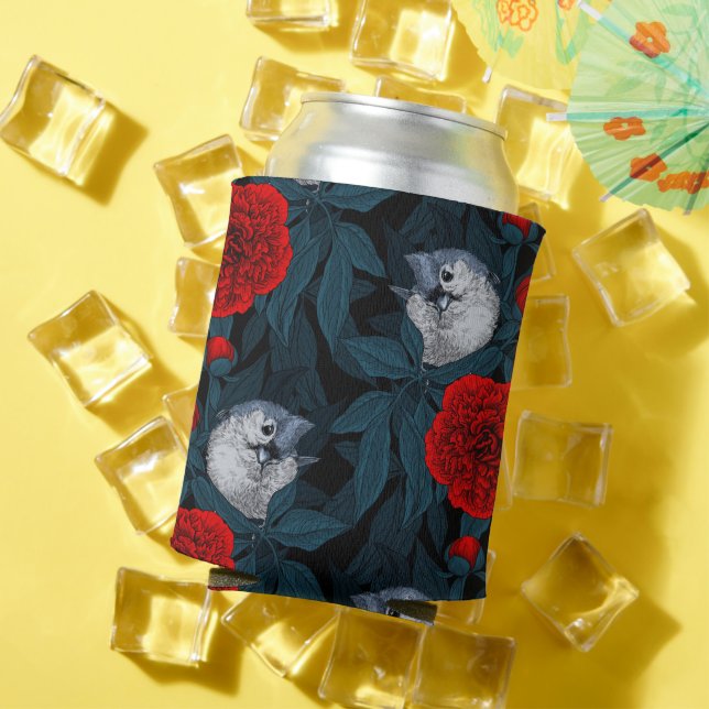 Porta-lata Aves e flores vermelhas de pénia com folhas azuis (Verão in situ)