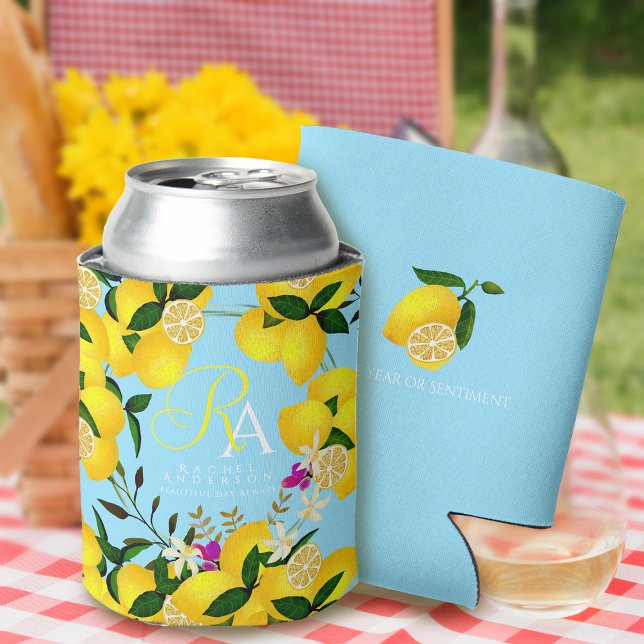 Porta-lata Azul-limão-monograma (Lemon Monogram Blue Can Cooler for friends or birthday)