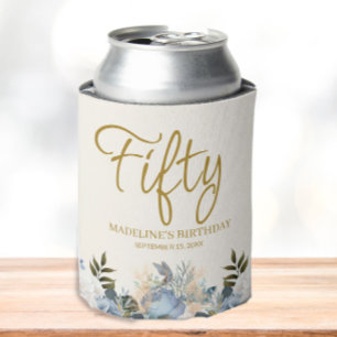 Porta-lata Azul Poeira Branco Floral 50º Aniversário Nome