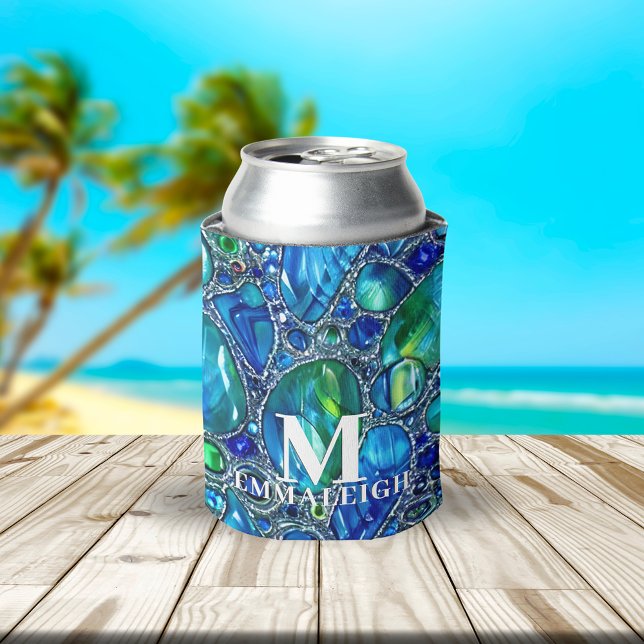 Porta-lata Azul Verde Contas de Vidro Brilhantes Monogramadas (Criador carregado)