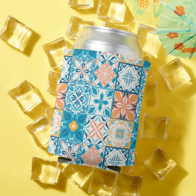 Porta-lata azulejos ornamentados em azul e laranja (Verão in situ)