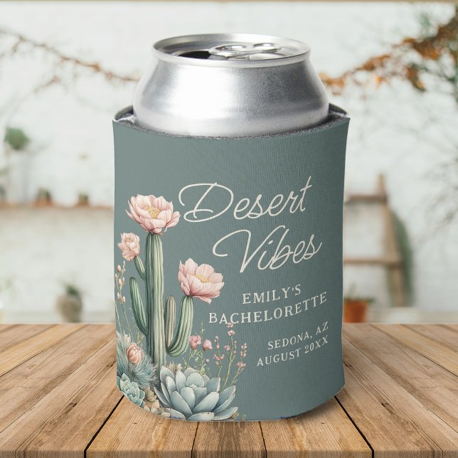 Porta-lata Bachelorette Blooming Cactus Succulus Vibe ( A desert-themed can cooler with cacti, succulents, and Desert Vibes text on a muted green backgroun)