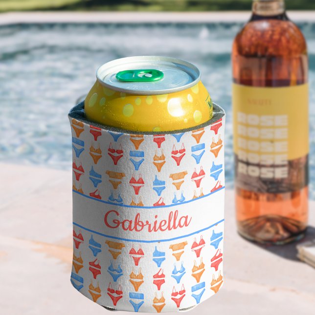 Porta-lata Bachelorette de Nome Personalizado do Partido da P (Custom Bachelorette Can Cooler - Personalized Beach Party Favor with Colorful Bikini Pattern!)