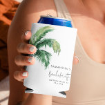 Porta-lata Bachelorette Personalizada por Aquarela de Árvore<br><div class="desc">Celebrar o último fling da noiva antes do anel em estilo tropical com nossa festa de solteira personalizada que inclui um design de palmeira-chic! Este elegante e sombrio pode mais legal adicionar um toque de paraíso às festividades, fazer cada brinde um momento memorável. Personalize-o com o nome da noiva ou...</div>