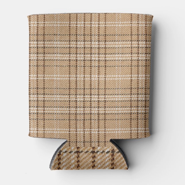 Porta-lata Beige Tartan: Clássica Xadrez Weave. (Frente)