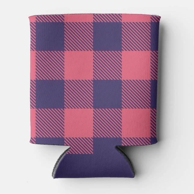Porta-lata Beverage Cooler Hot Pink Magenta Indigo Plaid (Frente)