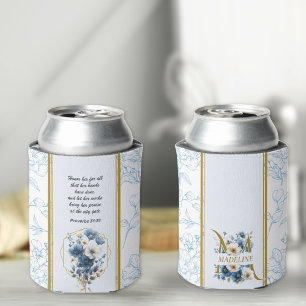 Porta-lata Bíblia Floral Branco Azul Moderno Monograma Verso
